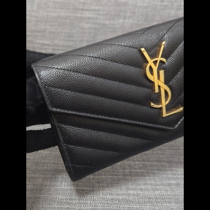 Ysl 聖羅蘭 黑色魚子醬牛皮 金色logo 掀蓋長夾-4