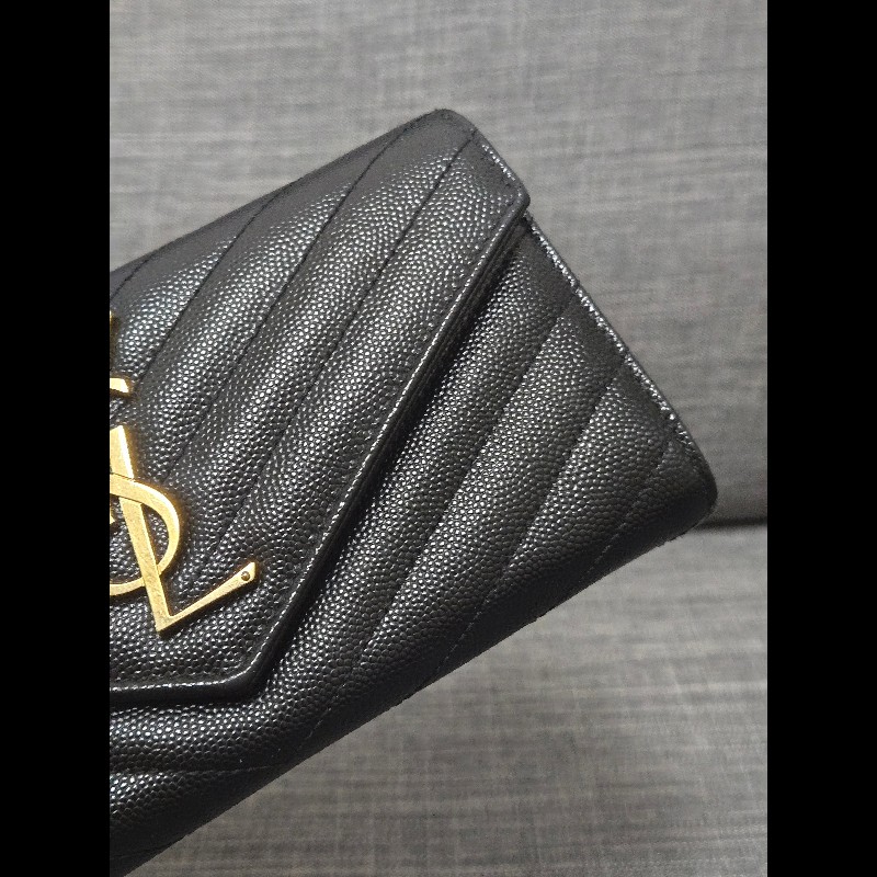 Ysl 聖羅蘭 黑色魚子醬牛皮 金色logo 掀蓋長夾-5