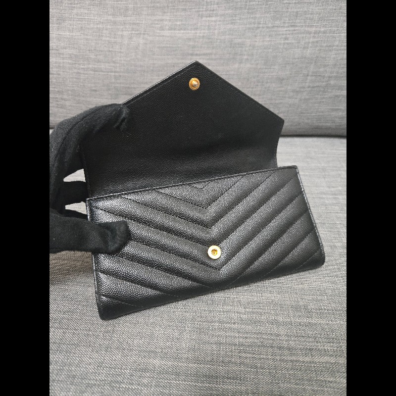 Ysl 聖羅蘭 黑色魚子醬牛皮 金色logo 掀蓋長夾-7