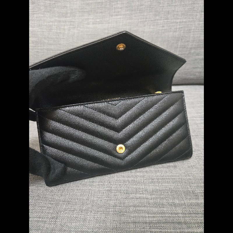 Ysl 聖羅蘭 黑色魚子醬牛皮 金色logo 掀蓋長夾-9