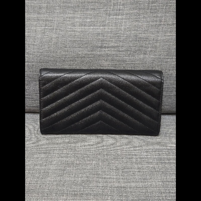 Ysl 聖羅蘭 黑色魚子醬牛皮 金色logo 掀蓋長夾-11