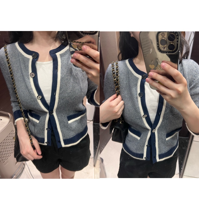 Chanel海軍風100%羊毛藍白針織外套-10