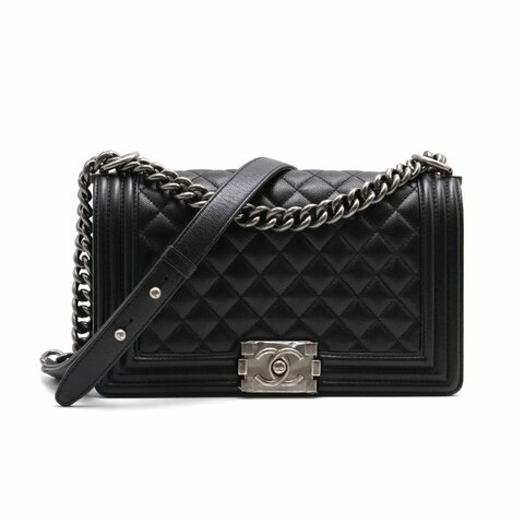 CHANEL Boy25 粒面牛皮口蓋包 - 黑銀