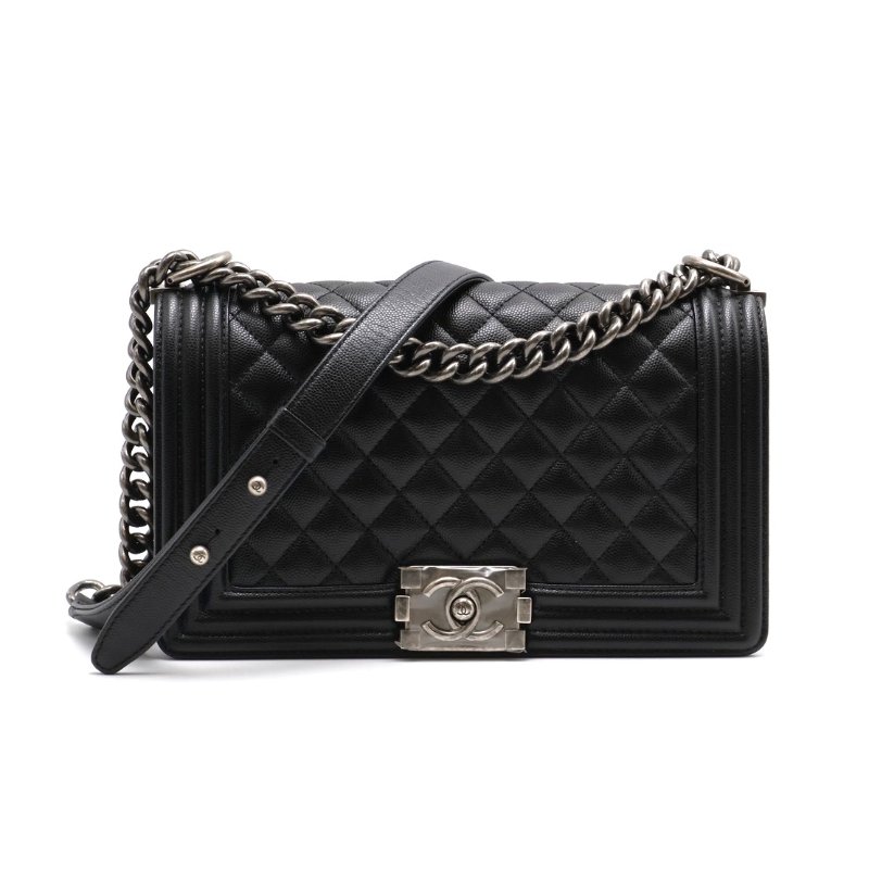 CHANEL Boy25 粒面牛皮口蓋包 - 黑銀-0