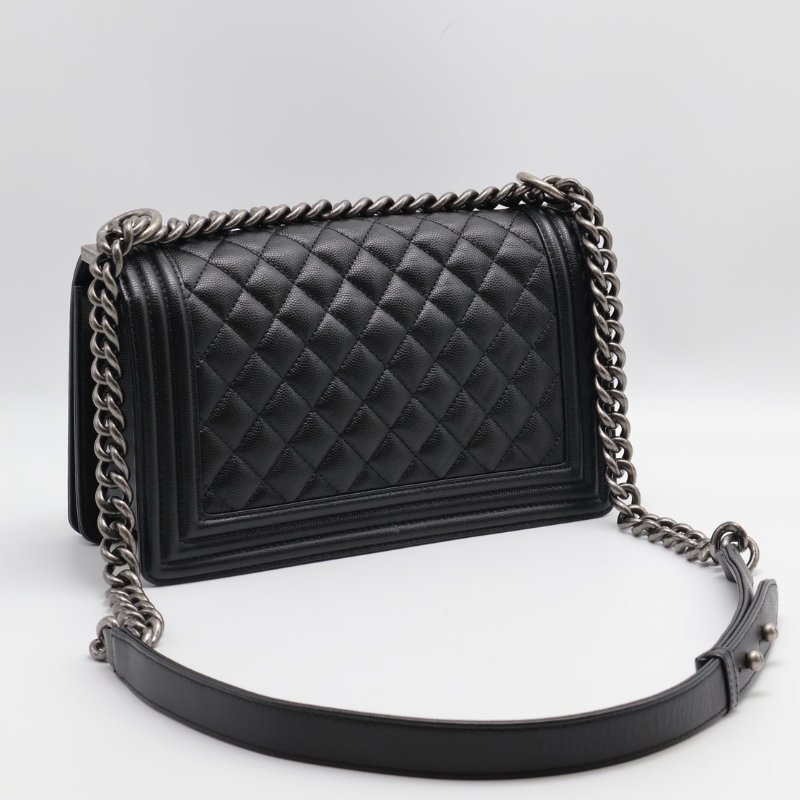 CHANEL Boy25 粒面牛皮口蓋包 - 黑銀-1