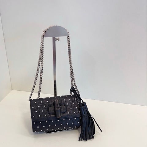 Gucci 古馳 miss bamboo 黑色鉚釘流蘇 竹節扣 單肩斜挎鏈條包