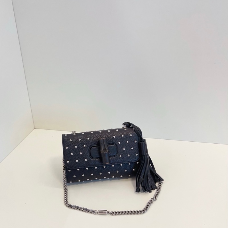 Gucci 古馳 miss bamboo 黑色鉚釘流蘇 竹節扣 單肩斜挎鏈條包-2