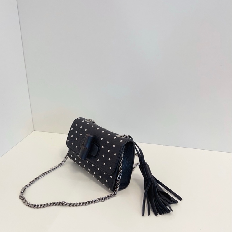 Gucci 古馳 miss bamboo 黑色鉚釘流蘇 竹節扣 單肩斜挎鏈條包-3