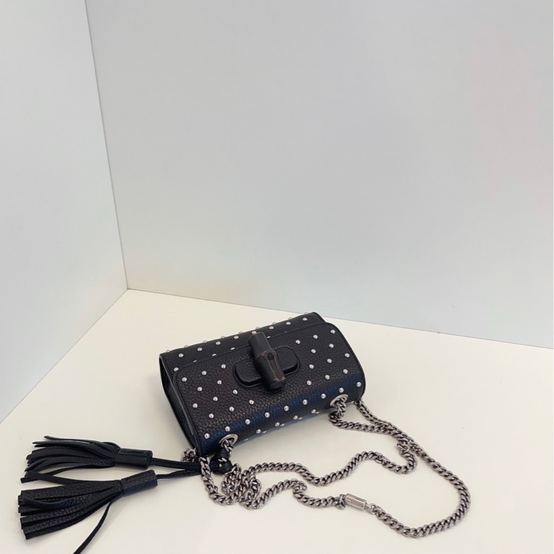 Gucci 古馳 miss bamboo 黑色鉚釘流蘇 竹節扣 單肩斜挎鏈條包-4