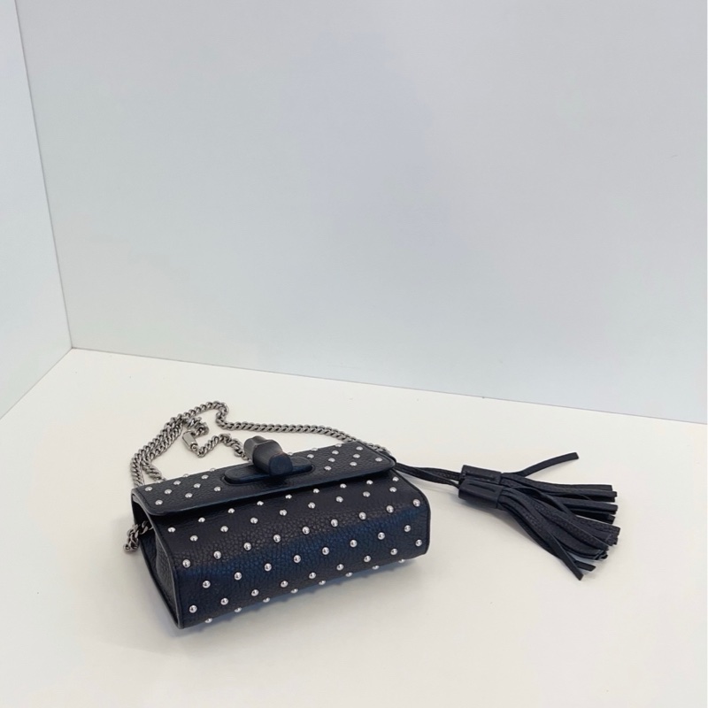 Gucci 古馳 miss bamboo 黑色鉚釘流蘇 竹節扣 單肩斜挎鏈條包-5