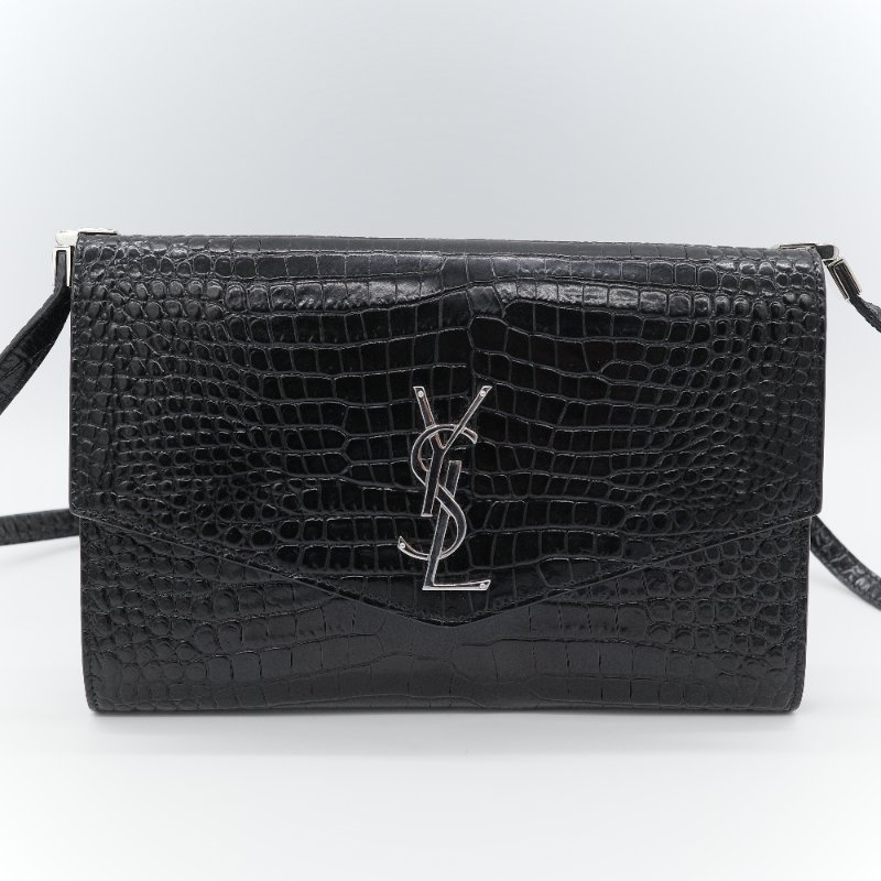 Saint Laurent 聖羅蘭 Uptown 黑色亮面鱷魚壓紋皮革 斜背包 手拿包-1