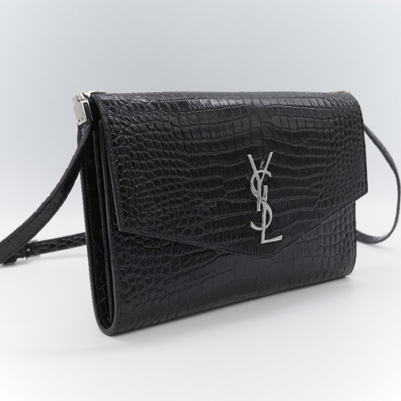 Saint Laurent 聖羅蘭 Uptown 黑色亮面鱷魚壓紋皮革 斜背包 手拿包-2