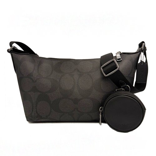 [全新] COACH  大C LOGO男中性款船型附零錢包斜背包(黑灰)-0