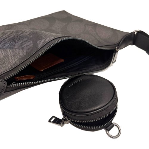 [全新] COACH  大C LOGO男中性款船型附零錢包斜背包(黑灰)-4