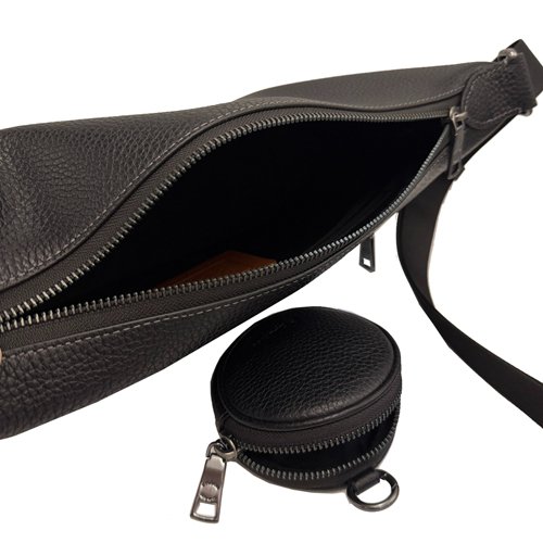 [全新] COACH  素面牛皮男中性款船型附零錢包斜背包(黑)-4