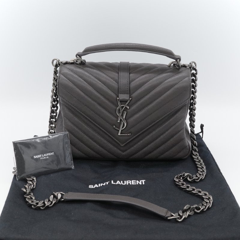 Saint Laurent 聖羅蘭 College 學院包 中號灰色 山形紋絎縫 羊皮 肩背包-0