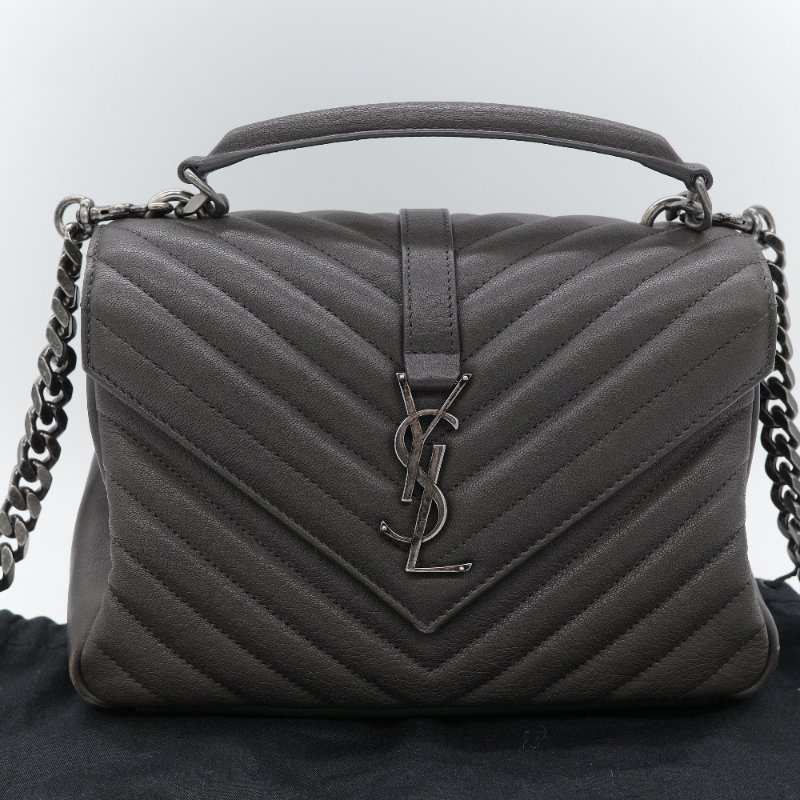 Saint Laurent 聖羅蘭 College 學院包 中號灰色 山形紋絎縫 羊皮 肩背包-1