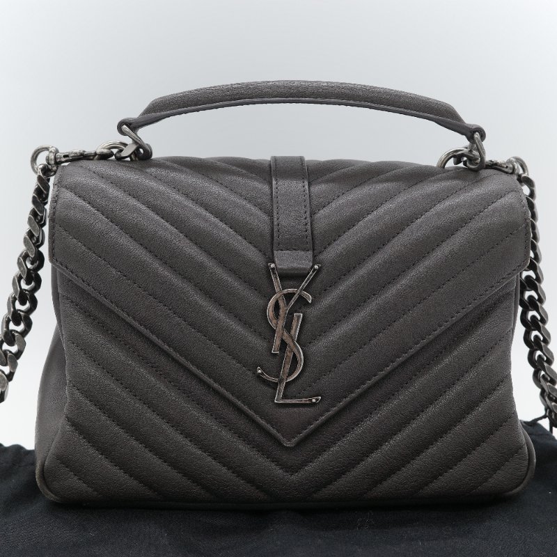 Saint Laurent 聖羅蘭 College 學院包 中號灰色 山形紋絎縫 羊皮 肩背包-2