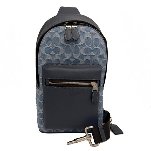 [全新] COACH  C LOGO牛仔布前拉鍊男款單肩胸前斜背包(牛仔藍)-0