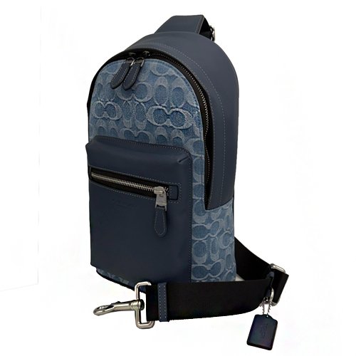 [全新] COACH  C LOGO牛仔布前拉鍊男款單肩胸前斜背包(牛仔藍)-1