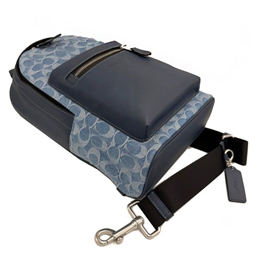 [全新] COACH  C LOGO牛仔布前拉鍊男款單肩胸前斜背包(牛仔藍)-3