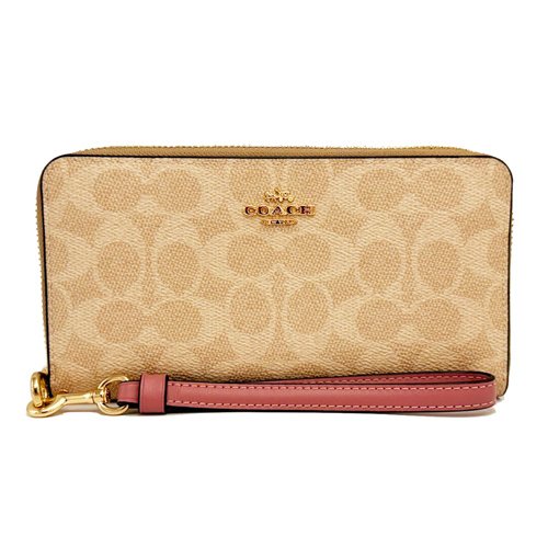 [全新] COACH  C LOGO手掛式拉鍊零錢袋長夾(米白/粉)-0
