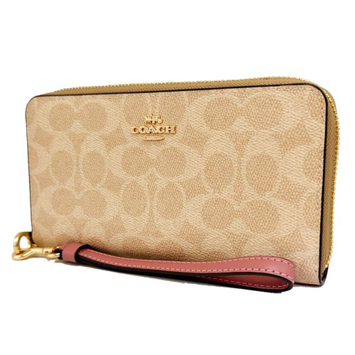 [全新] COACH  C LOGO手掛式拉鍊零錢袋長夾(米白/粉)-1