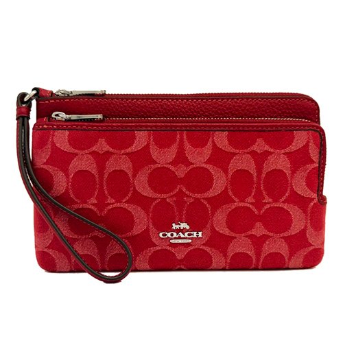 [全新] COACH  C LOGO牛仔布長夾式雙層大手拿包/零錢包(牛仔紅)-0