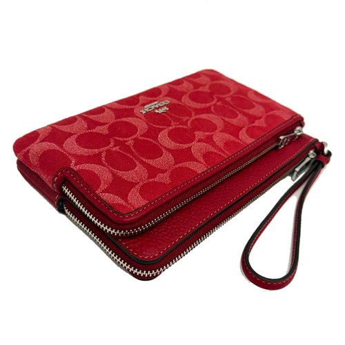 [全新] COACH  C LOGO牛仔布長夾式雙層大手拿包/零錢包(牛仔紅)-3