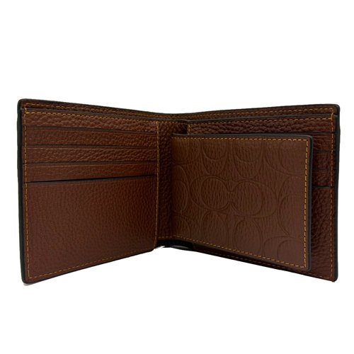 [全新] COACH  壓印C LOGO男款8卡附活動證件夾短夾(深咖)-3