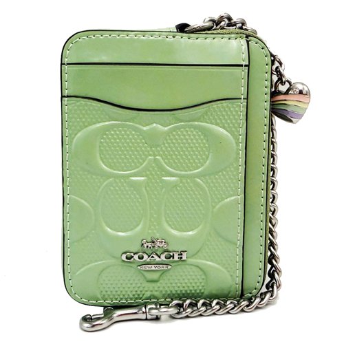 [全新] COACH  漆皮C LOGO卡片名片鏈帶零錢包(綠)-0