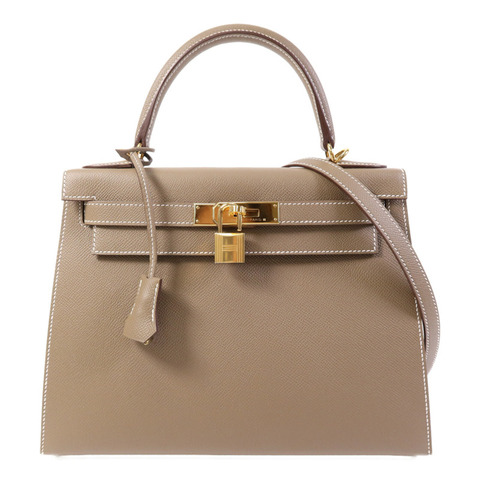 HERMES Epsom皮革Kelly 28 Sellier金扣手挽肩背兩用袋Etoupe