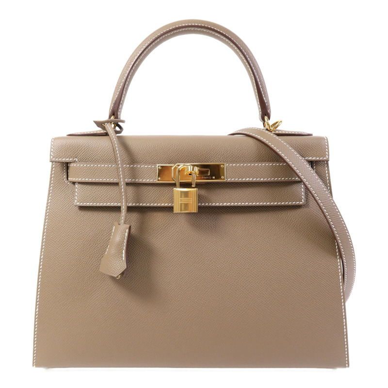 HERMES Epsom皮革Kelly 28 Sellier金扣手挽肩背兩用袋Etoupe-0