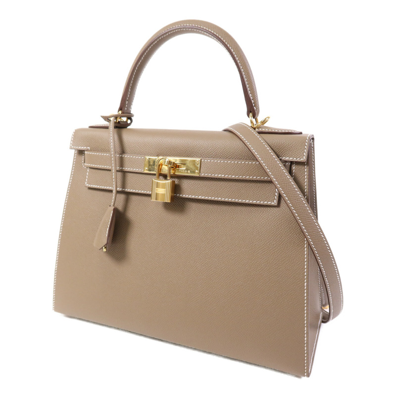 HERMES Epsom皮革Kelly 28 Sellier金扣手挽肩背兩用袋Etoupe-2