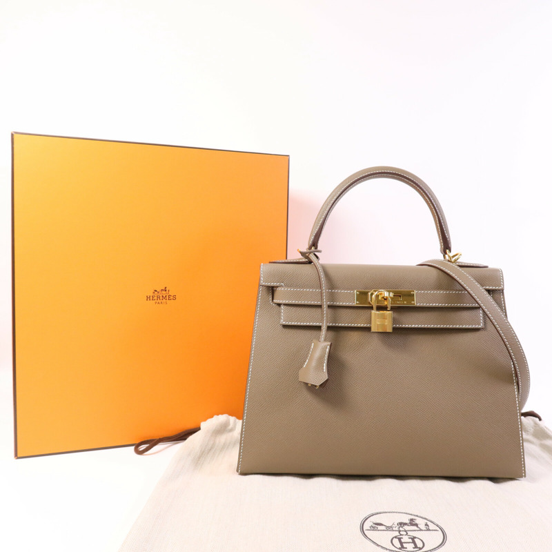 HERMES Epsom皮革Kelly 28 Sellier金扣手挽肩背兩用袋Etoupe-8