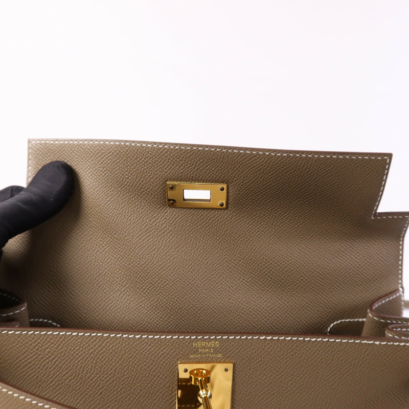 HERMES Epsom皮革Kelly 28 Sellier金扣手挽肩背兩用袋Etoupe-14