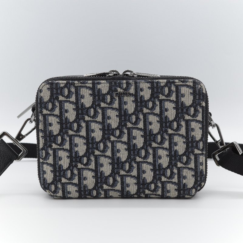 Dior迪奧Dior Oblique 藍色 米色提花帆布 附肩帶拉鍊小包 肩背包-0