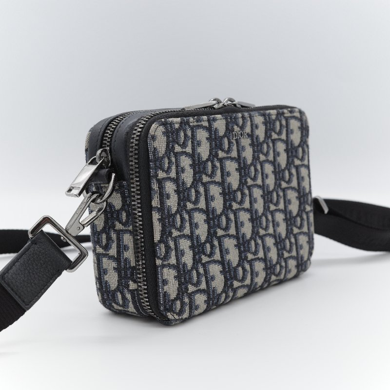 Dior迪奧Dior Oblique 藍色 米色提花帆布 附肩帶拉鍊小包 肩背包-1
