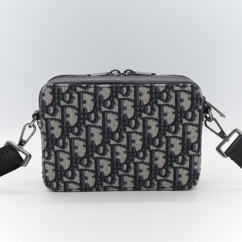 Dior迪奧Dior Oblique 藍色 米色提花帆布 附肩帶拉鍊小包 肩背包-2