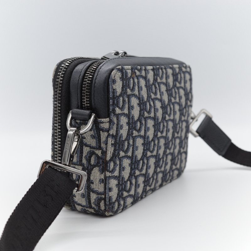 Dior迪奧Dior Oblique 藍色 米色提花帆布 附肩帶拉鍊小包 肩背包-3