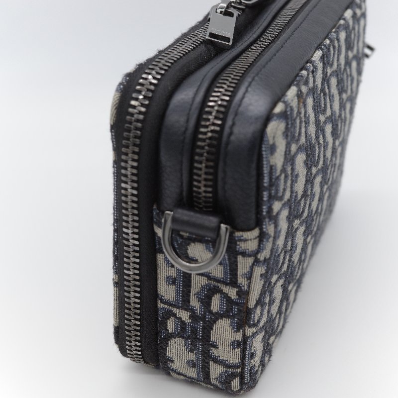 Dior迪奧Dior Oblique 藍色 米色提花帆布 附肩帶拉鍊小包 肩背包-5