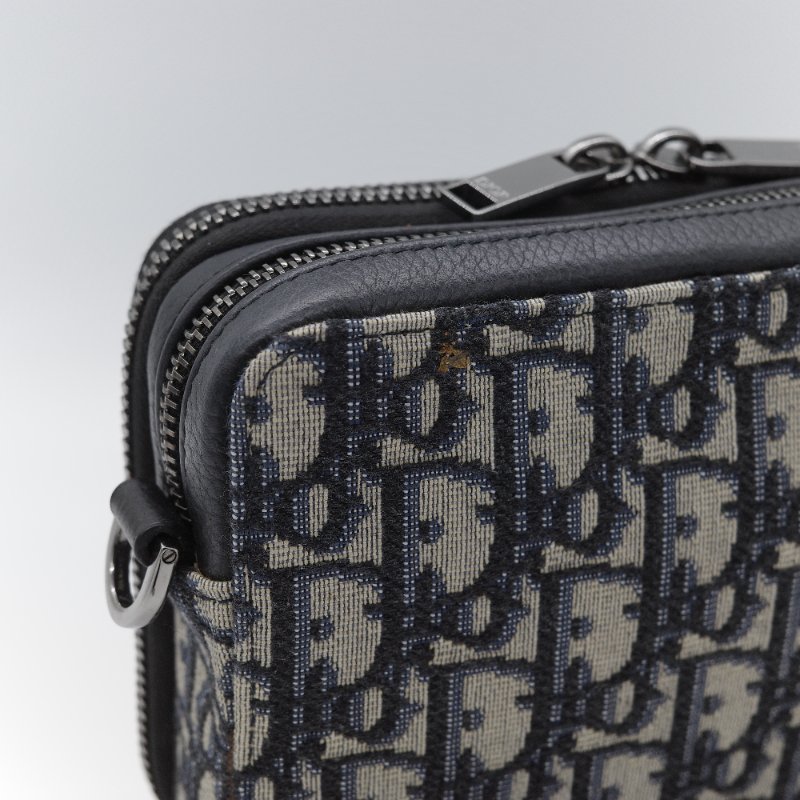 Dior迪奧Dior Oblique 藍色 米色提花帆布 附肩帶拉鍊小包 肩背包-7