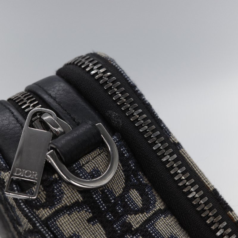 Dior迪奧Dior Oblique 藍色 米色提花帆布 附肩帶拉鍊小包 肩背包-8