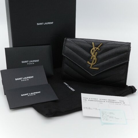 Saint Laurent聖羅蘭 YSL 黑色 顆粒紋小牛皮 信封短夾
