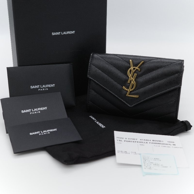 Saint Laurent聖羅蘭 YSL 黑色 顆粒紋小牛皮 信封短夾-0