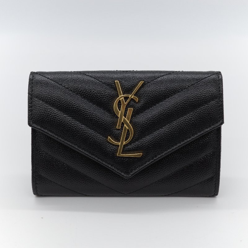 Saint Laurent聖羅蘭 YSL 黑色 顆粒紋小牛皮 信封短夾-1