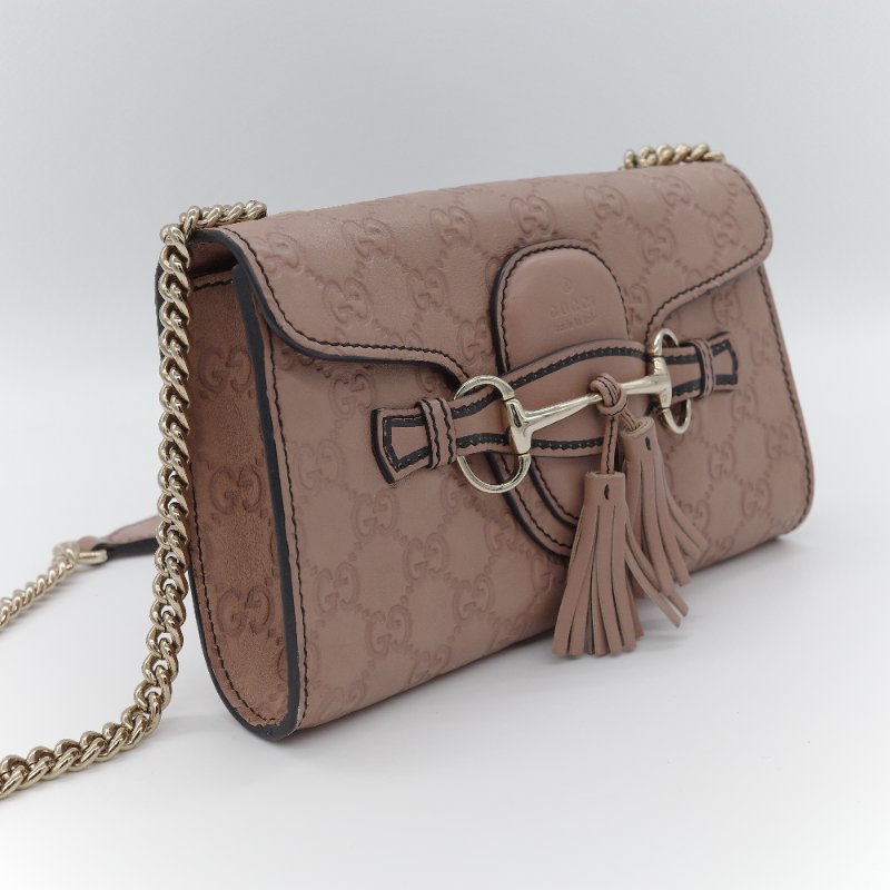 Gucci 古馳 Emily 乾燥玫瑰色 藕粉色 壓紋皮革 鏈帶翻蓋包-2