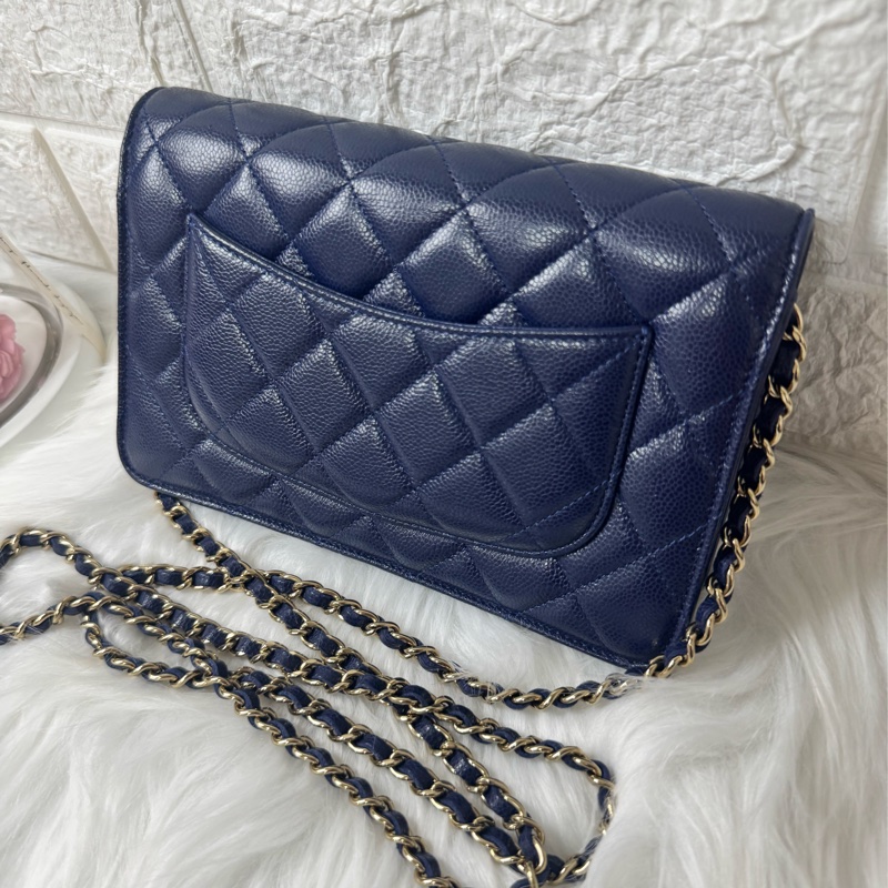 香奈兒午夜藍荔枝牛皮新款吸磁釦woc-7