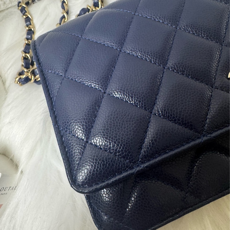 香奈兒午夜藍荔枝牛皮新款吸磁釦woc-9