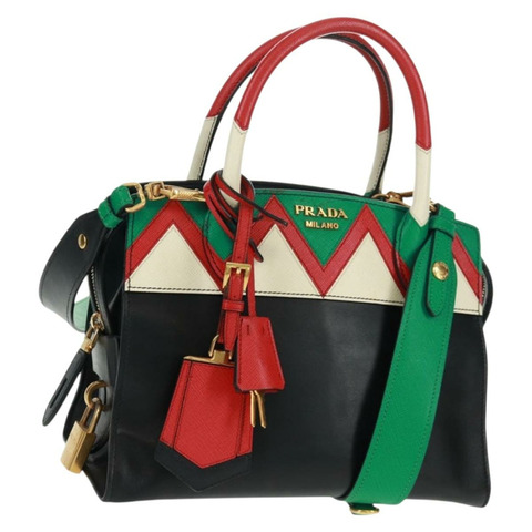 PRADA 手提包 皮革 2way 黑色 金色 Auth 166406V